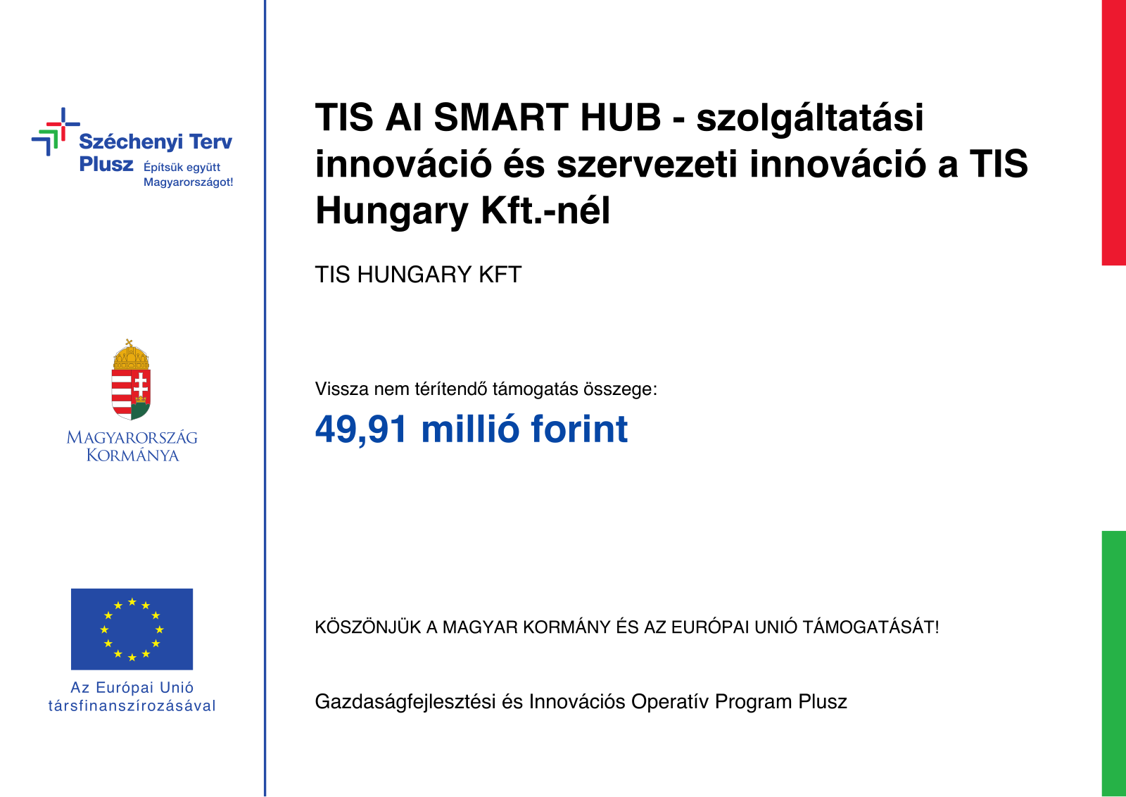 TIS AI SMART HUB projekt plakát – Széchenyi Terv Plusz, Magyarország Kormánya, Az Európai Unió társfinanszírozásával